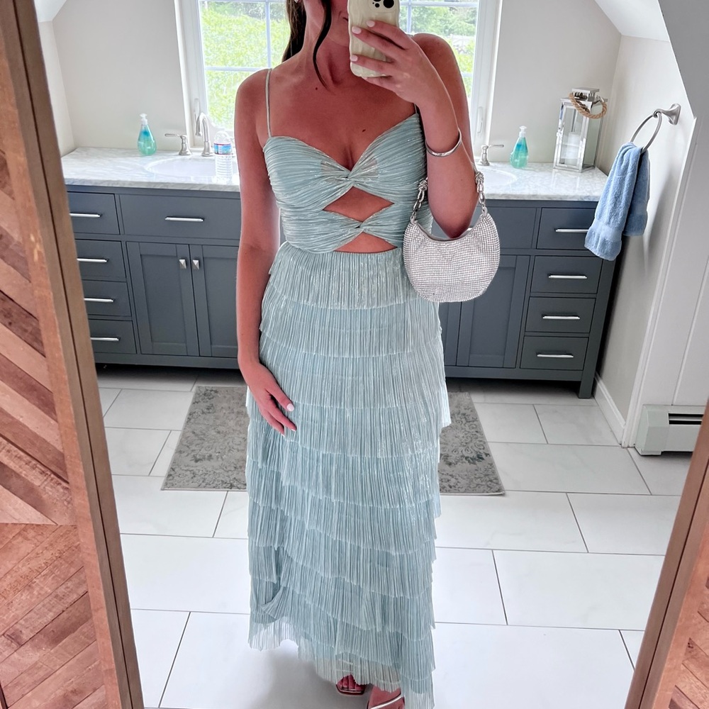 Gianni Bini Grace Metallic Plisse Sweetheart Neck Cut-Out Tiered Dress in blue